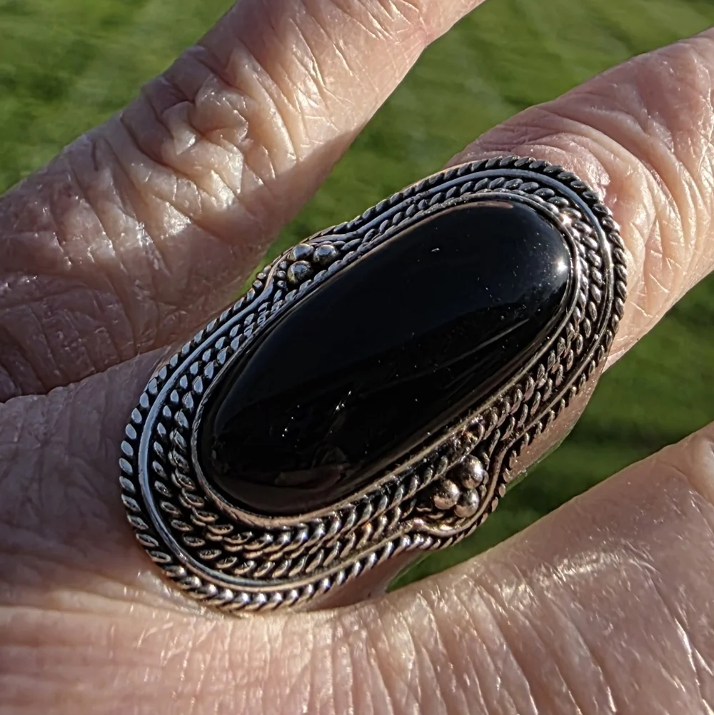 Long Black Onyx Boho Ring in 925 Sterling Silver (snug 9)